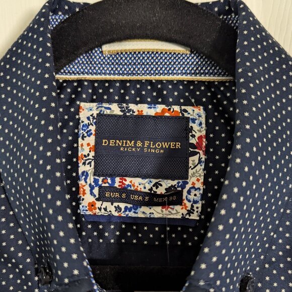 NWT DENIM & FLOWER NAVY SATIN LONG-SLEEVE BUTTON-UP SHIRT - Picture 3 of 7